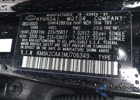 2021 Hyundai Kona Sel z USA, uszkodzony, nr VIN KM8K2CAA1MU706349
